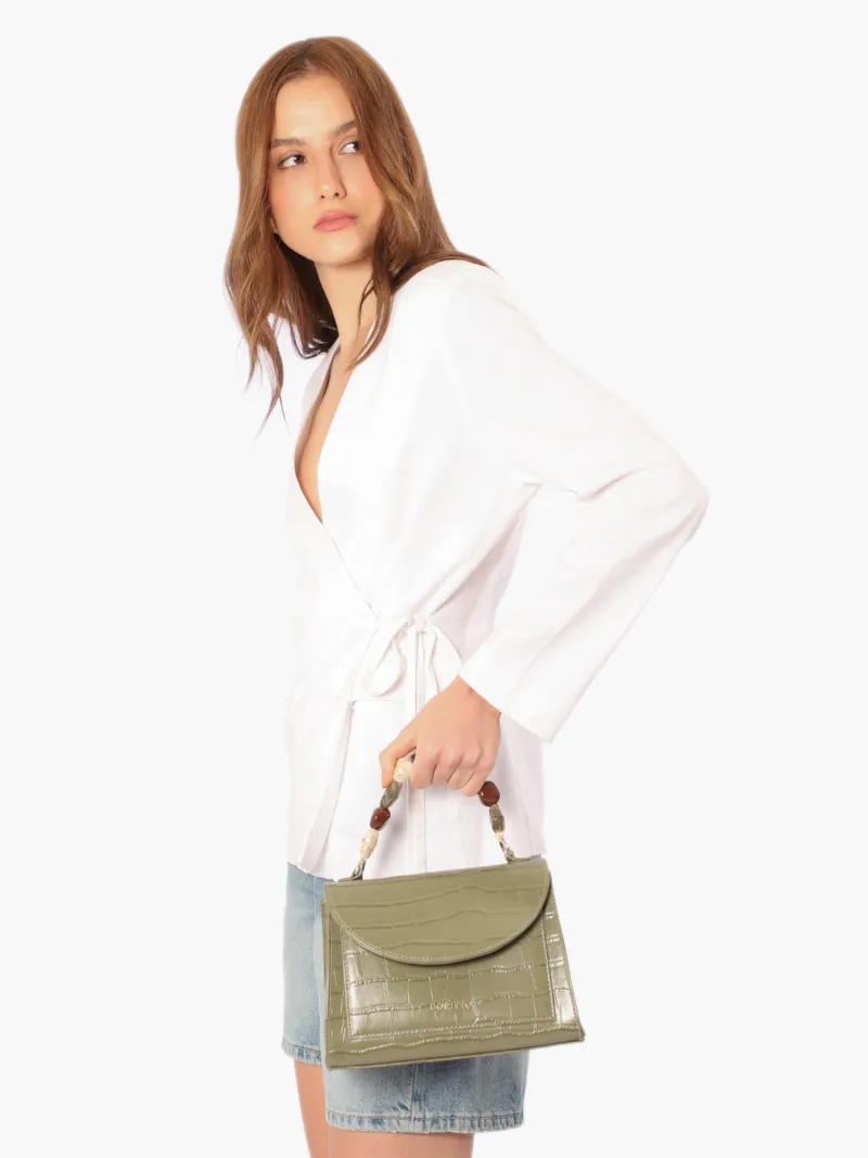 Bolsa De Mão Pequena Couro Croco Verde Alça Pedras - foto 2