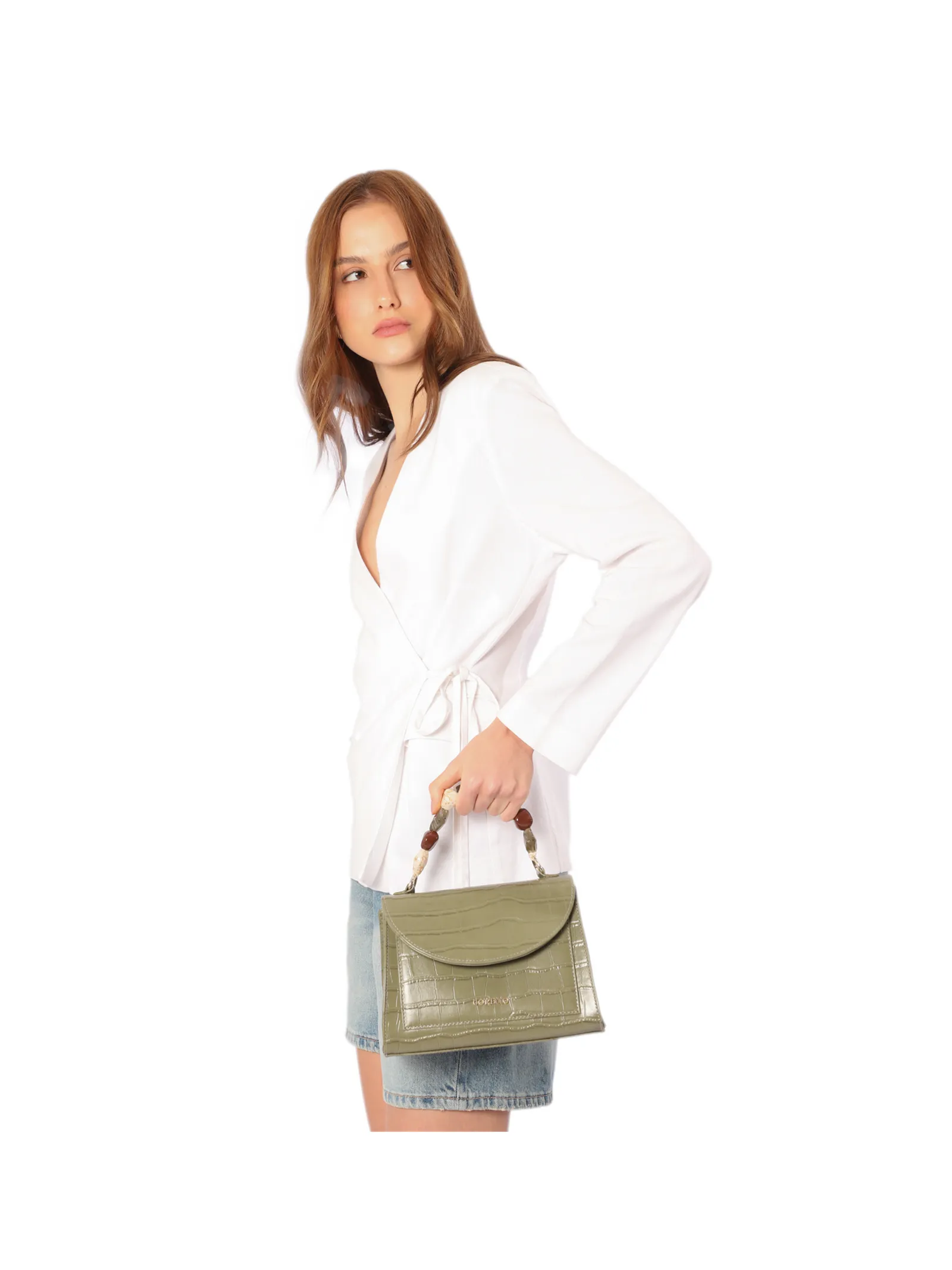 Bolsa De Mão Pequena Couro Croco Verde Alça Pedras