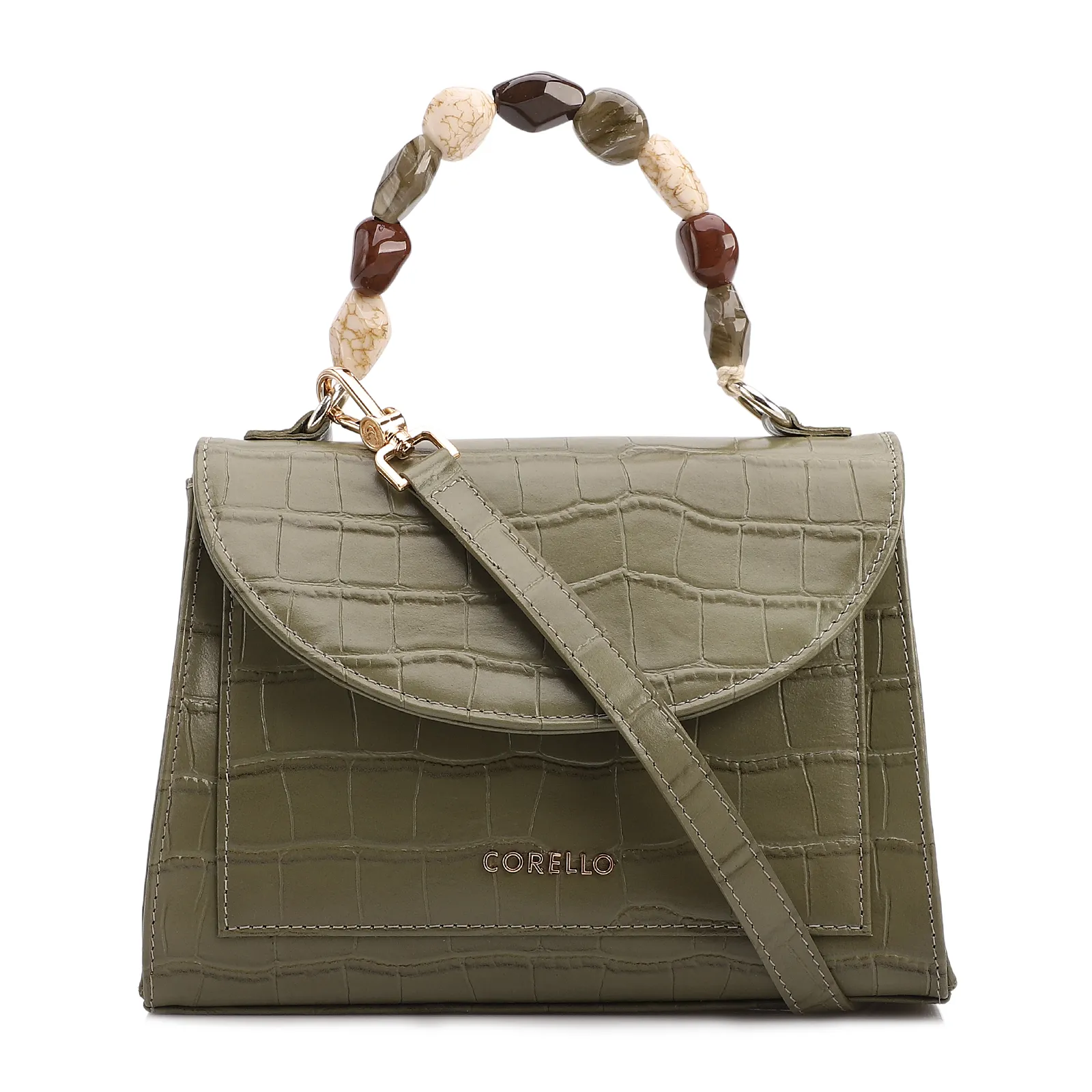 Bolsa De Mão Pequena Couro Croco Verde Alça Pedras