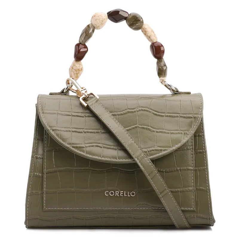 Bolsa De Mão Pequena Couro Croco Verde Alça Pedras