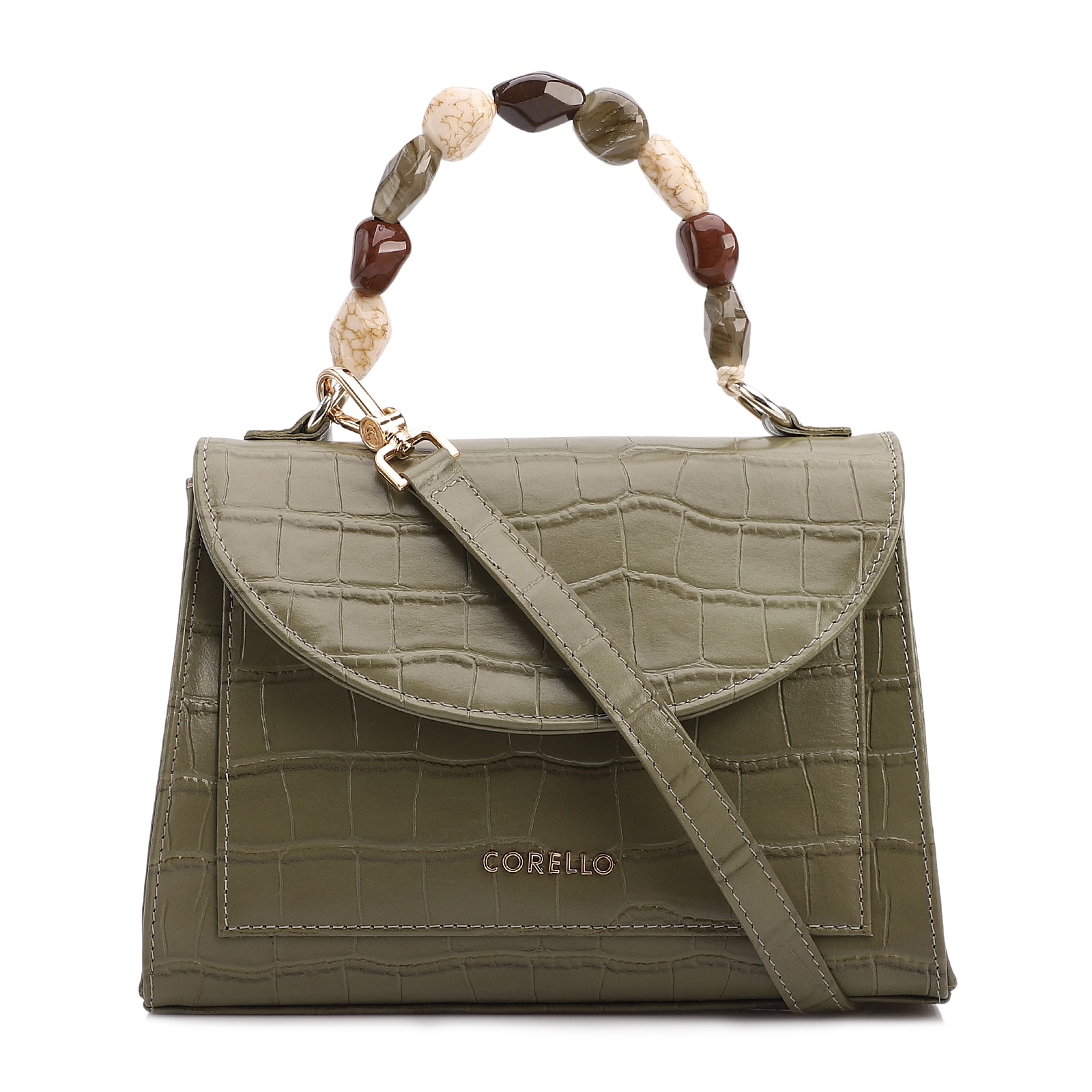 Bolsa De Mão Pequena Couro Croco Verde Alça Pedras
