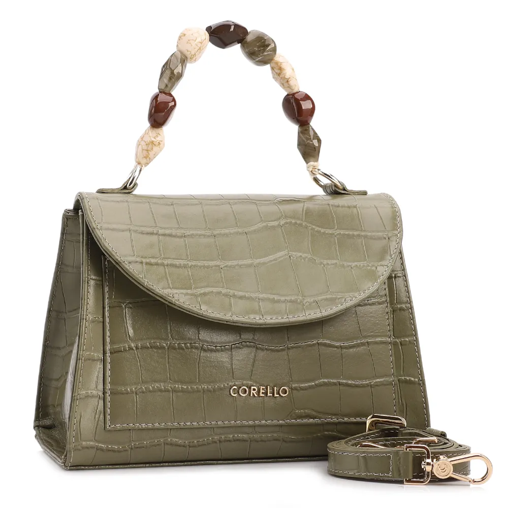 Bolsa De Mão Pequena Couro Croco Verde Alça Pedras - imagem 2