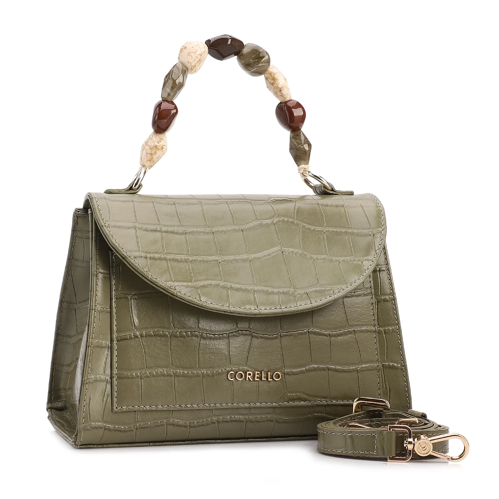 Bolsa De Mão Pequena Couro Croco Verde Alça Pedras