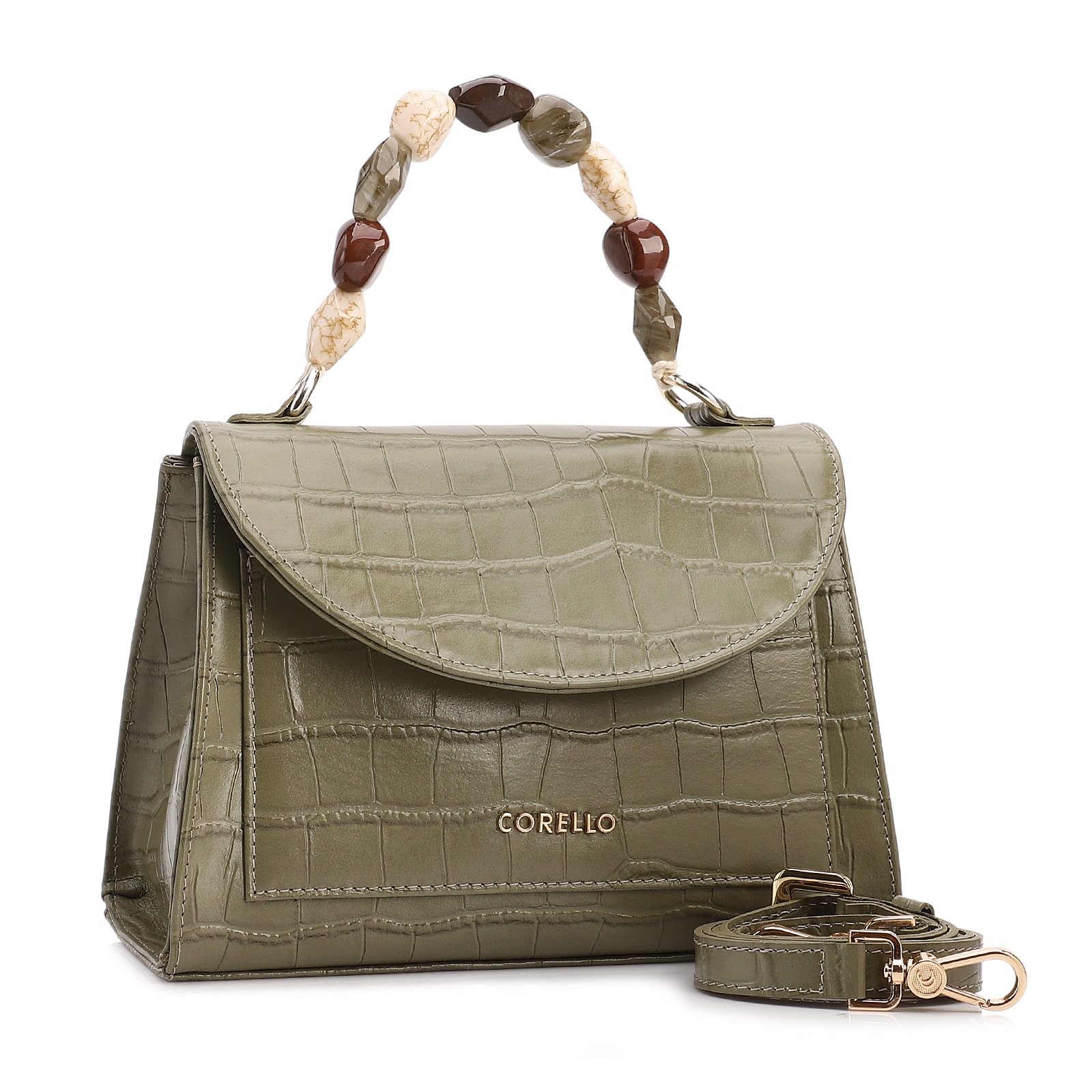 Bolsa De Mão Pequena Couro Croco Verde Alça Pedras