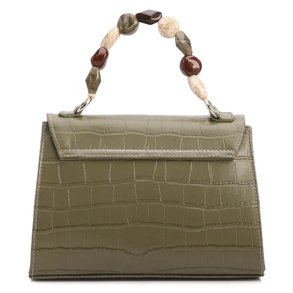 Bolsa De Mão Pequena Couro Croco Verde Alça Pedras - imagem 3