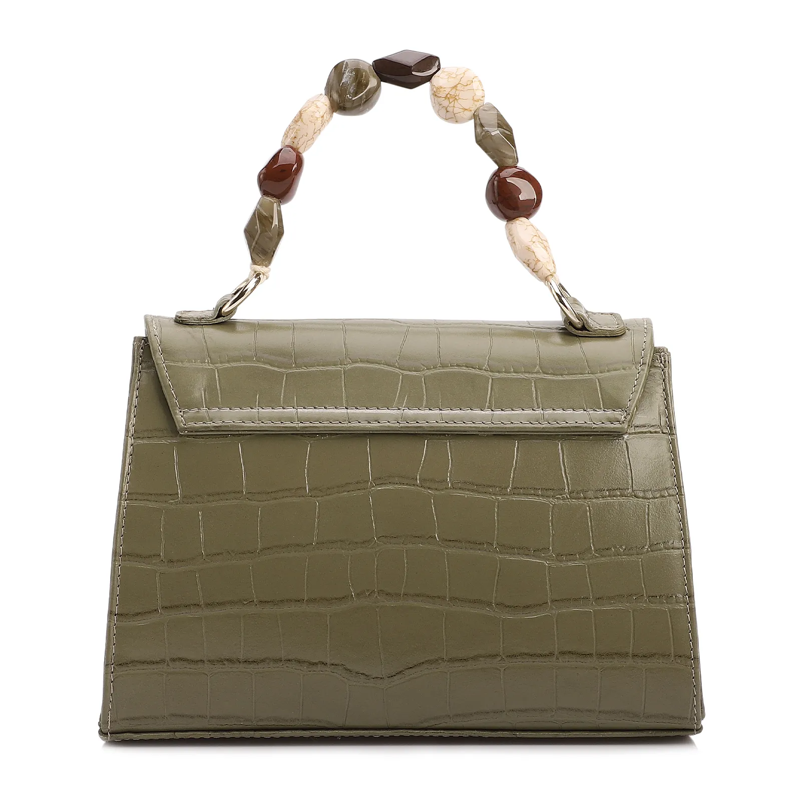 Bolsa De Mão Pequena Couro Croco Verde Alça Pedras