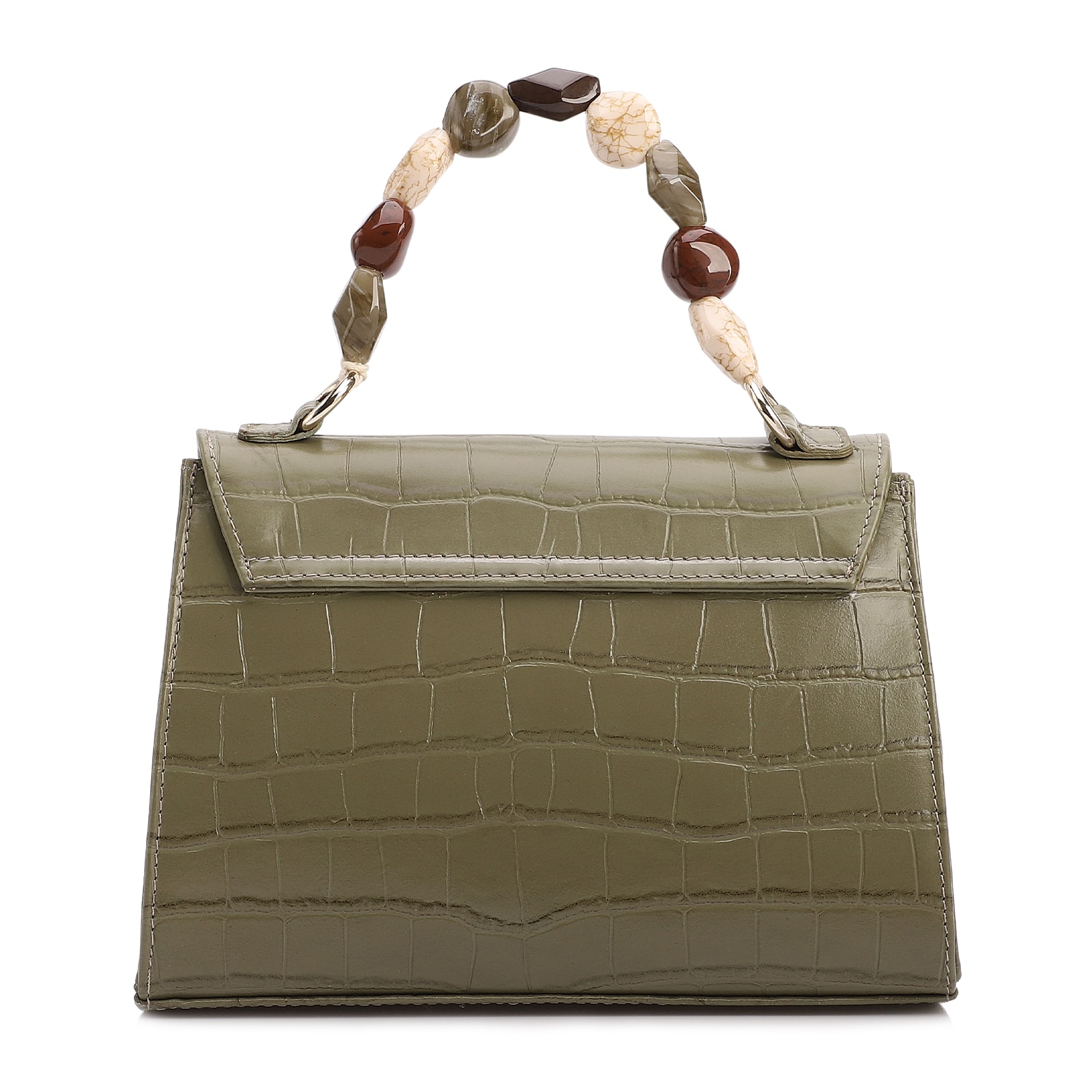 Bolsa De Mão Pequena Couro Croco Verde Alça Pedras