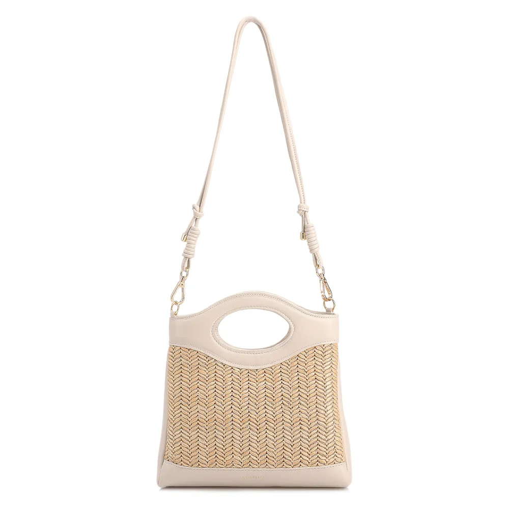 Bolsa De Mão Pequena Couro Off White Frente Ráfia