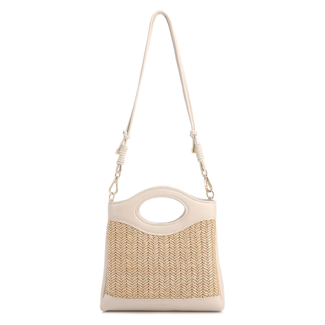 Bolsa De Mão Pequena Couro Off White Frente Ráfia