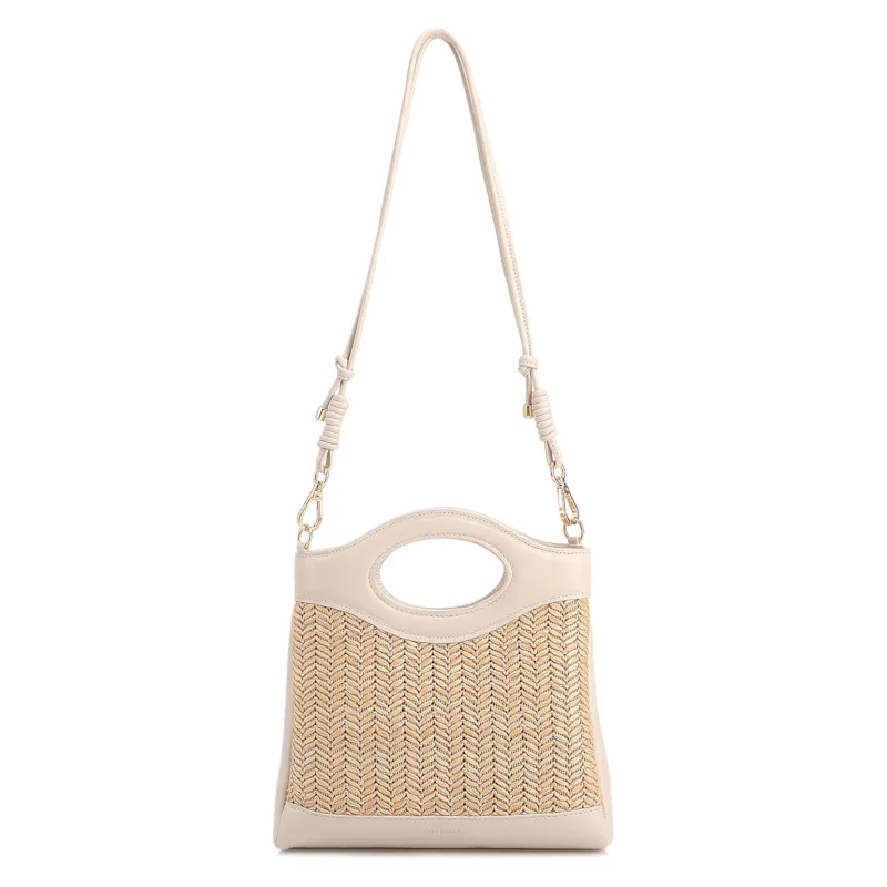 Bolsa De Mão Pequena Couro Off White Frente Ráfia