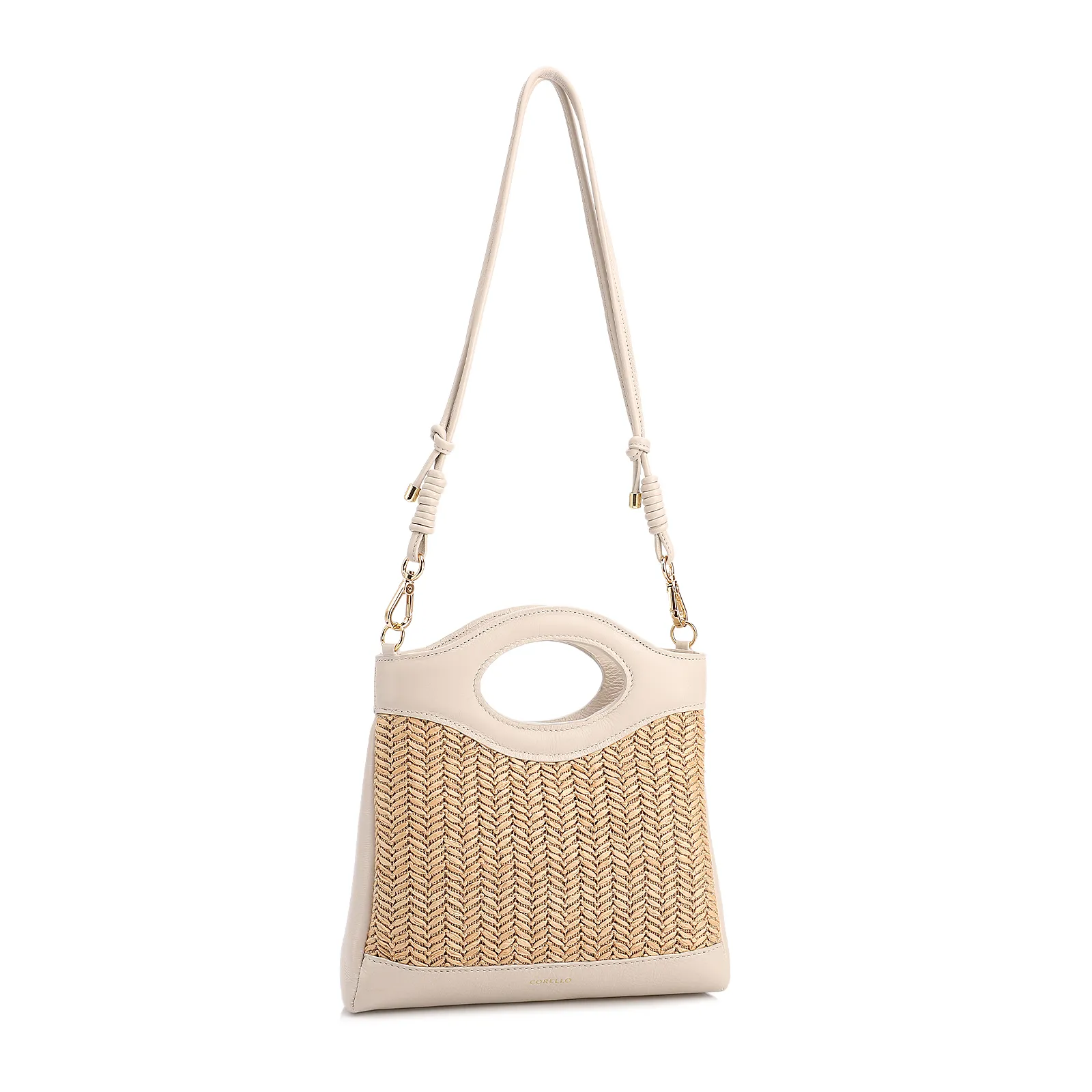 Bolsa De Mão Pequena Couro Off White Frente Ráfia
