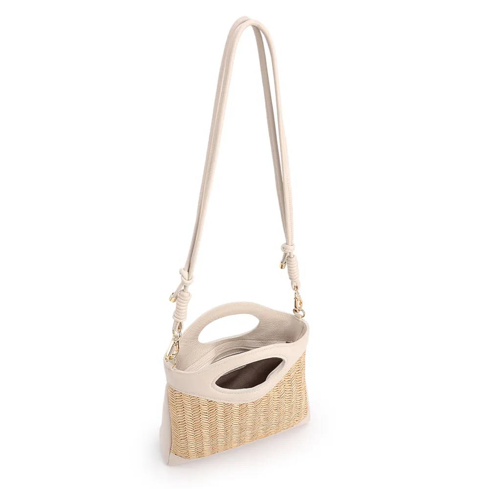 Bolsa De Mão Pequena Couro Off White Frente Ráfia - imagem 4