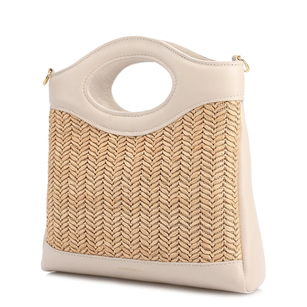 Bolsa De Mão Pequena Couro Off White Frente Ráfia - imagem 6