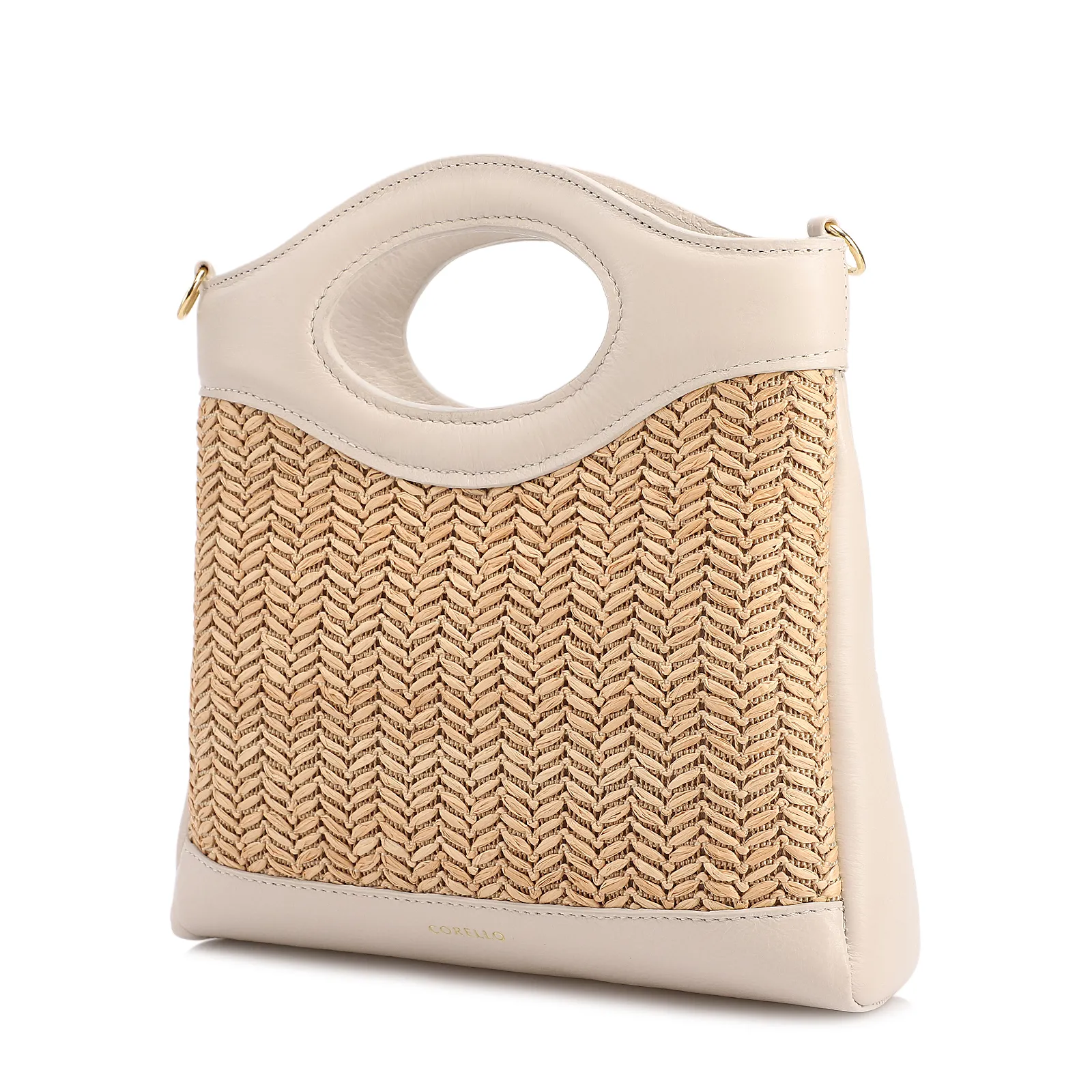 Bolsa De Mão Pequena Couro Off White Frente Ráfia