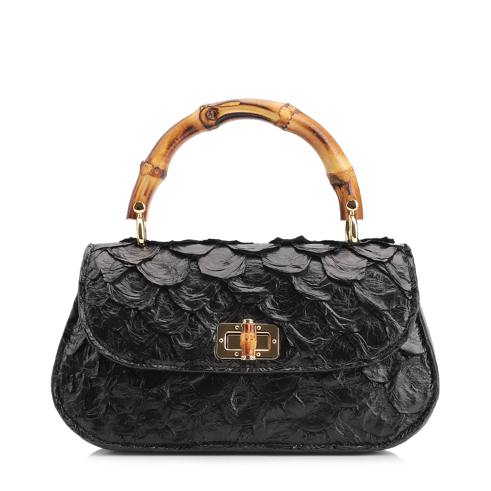Bolsa De Mão Pequena Pirarucu Preto Alça Bambu