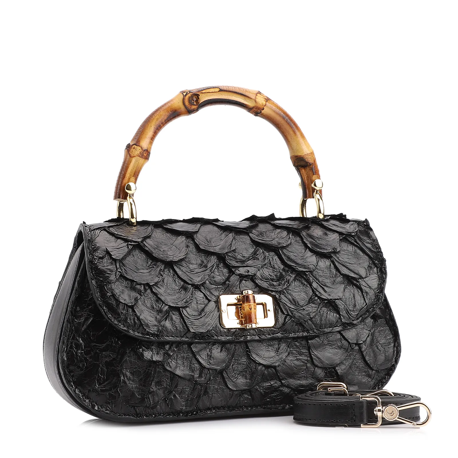 Bolsa De Mão Pequena Pirarucu Preto Alça Bambu
