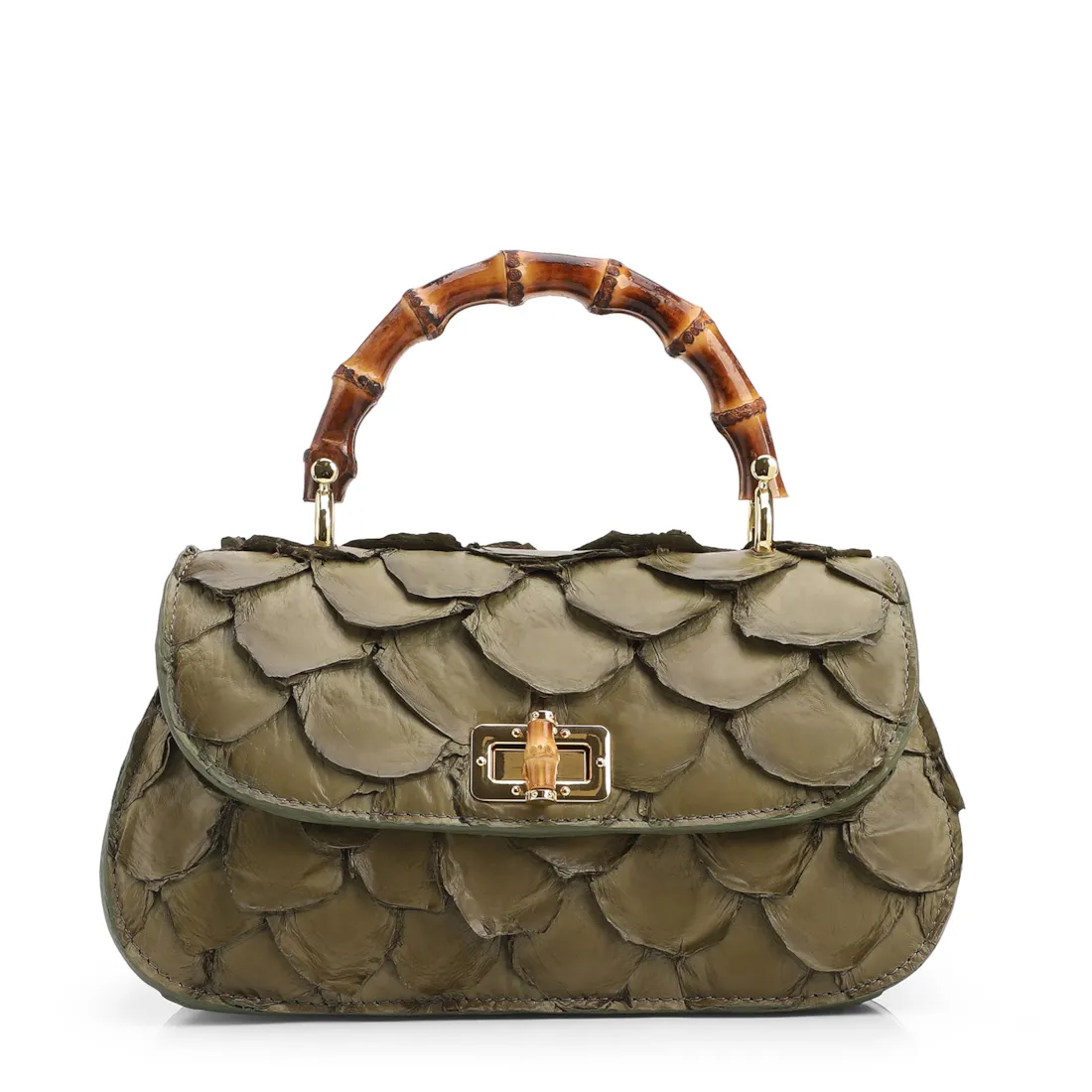 Bolsa De Mão Pequena Pirarucu Verde Alça Bambu