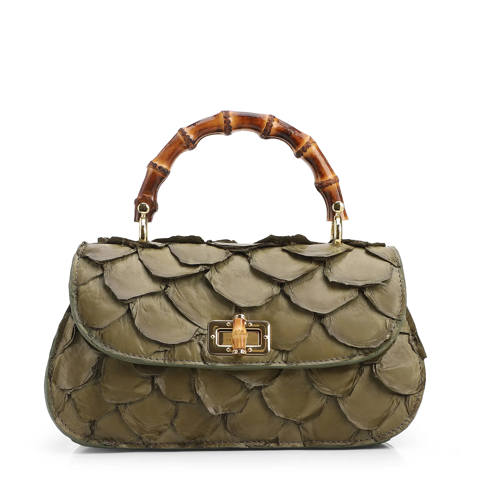 Bolsa De Mão Pequena Pirarucu Verde Alça Bambu