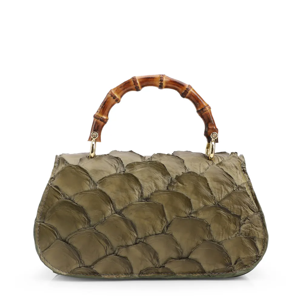 Bolsa De Mão Pequena Pirarucu Verde Alça Bambu - imagem 3