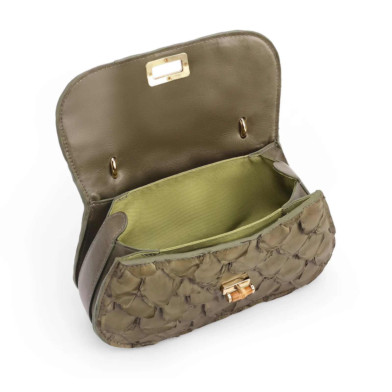 Bolsa De Mão Pequena Pirarucu Verde Alça Bambu