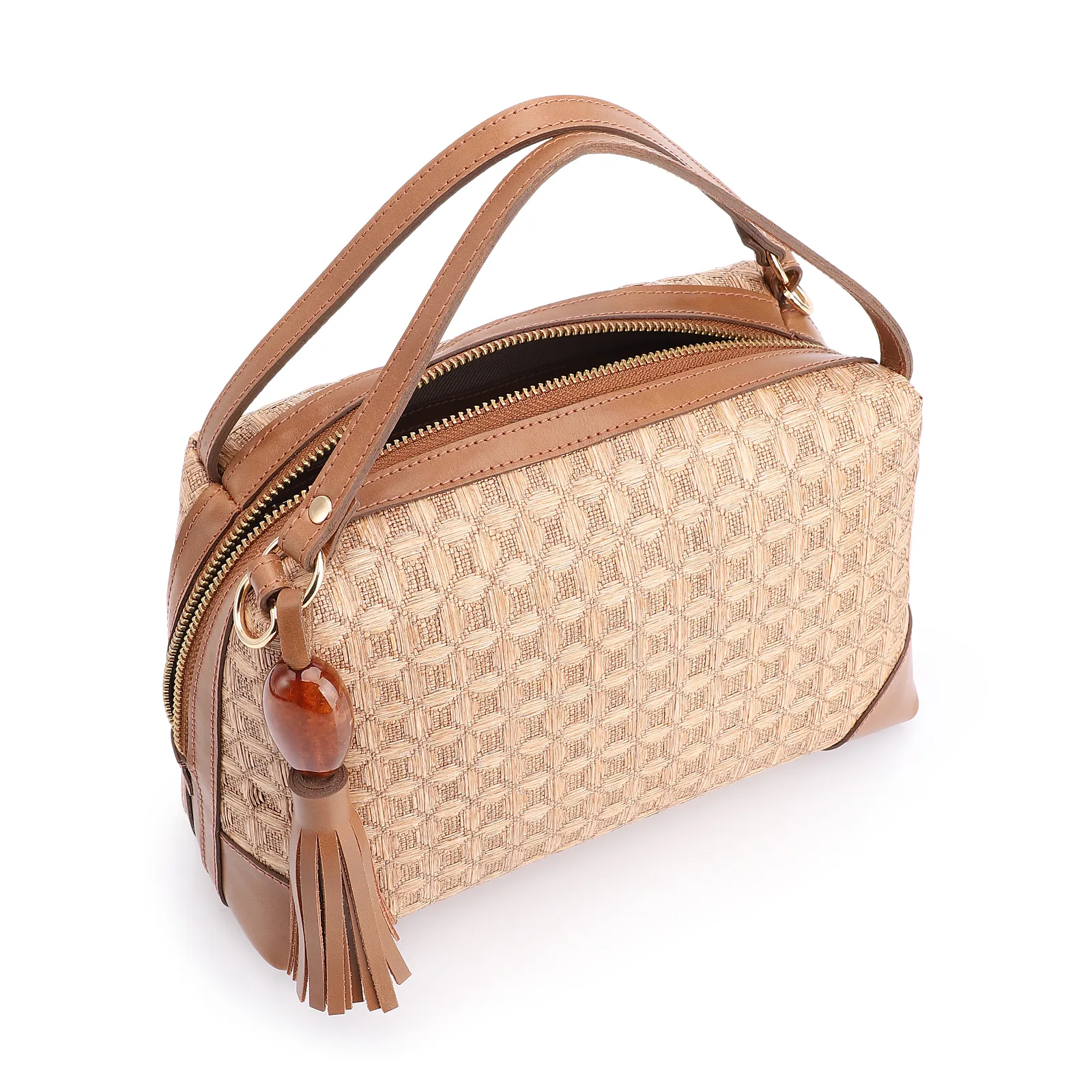 Bolsa De Mão Ráfia Mosaico Marrom