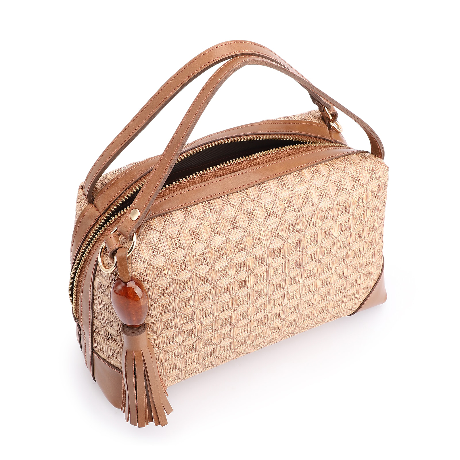 Bolsa De Mão Ráfia Mosaico Marrom