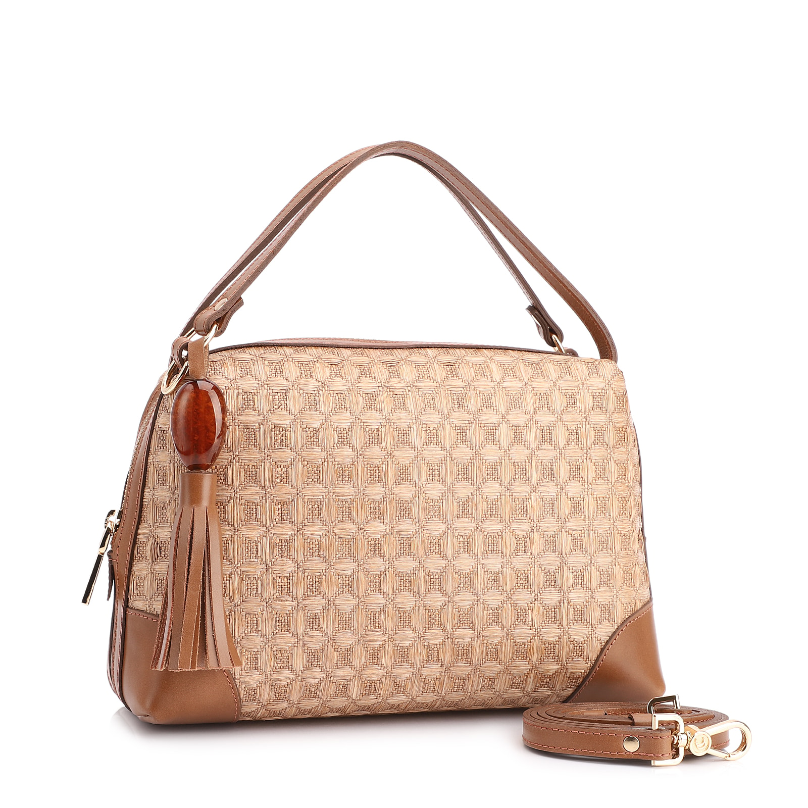 Bolsa De Mão Ráfia Mosaico Marrom