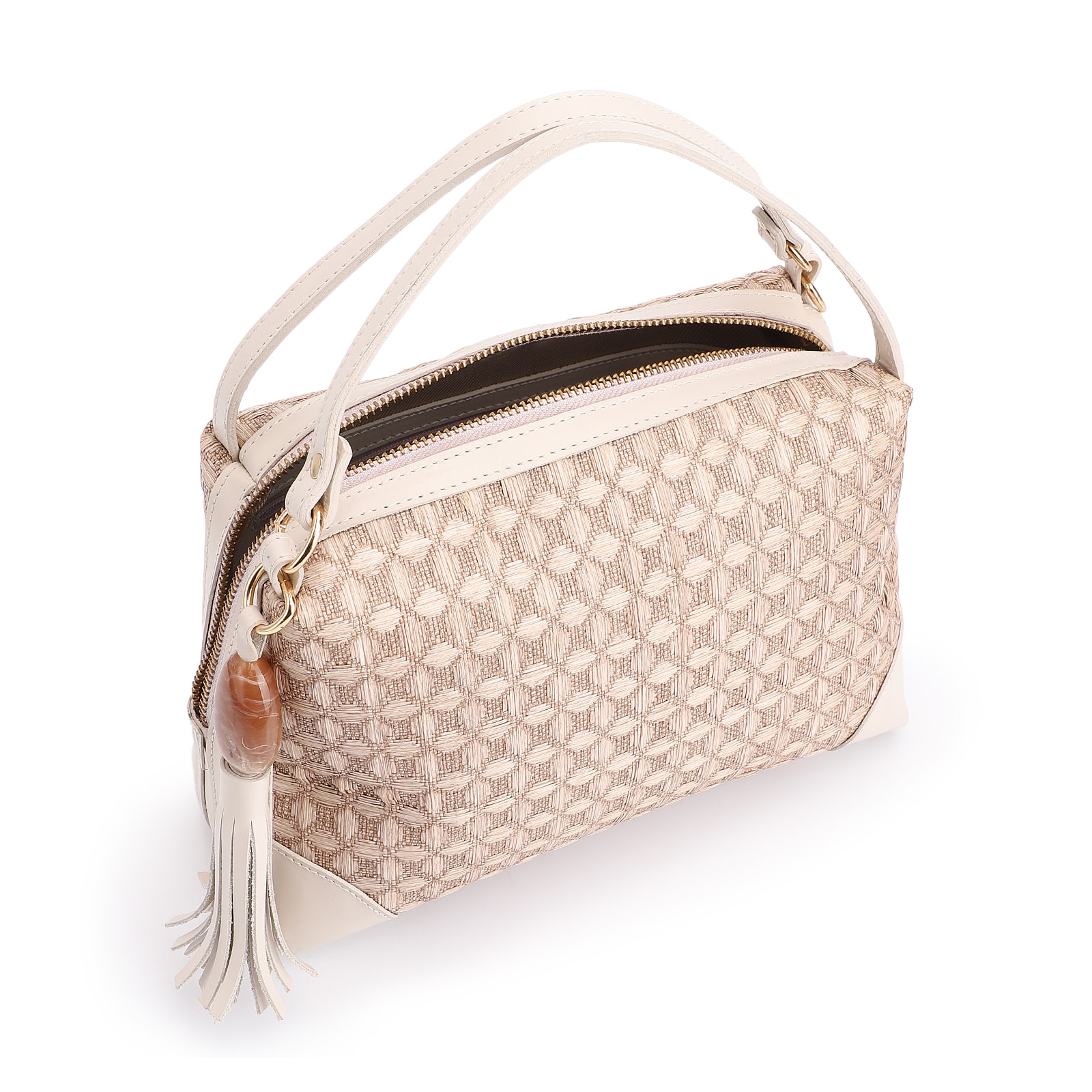 Bolsa De Mão Ráfia Mosaico Off White