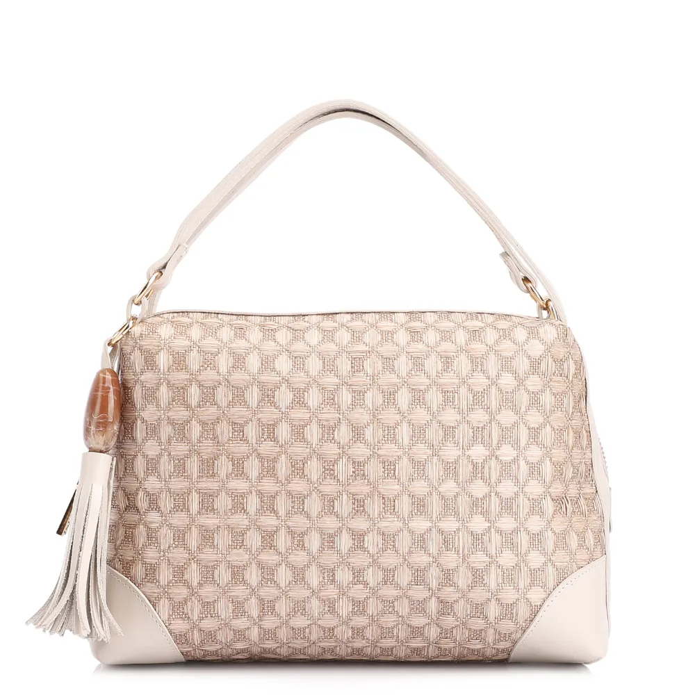 Bolsa De Mão Ráfia Mosaico Off White