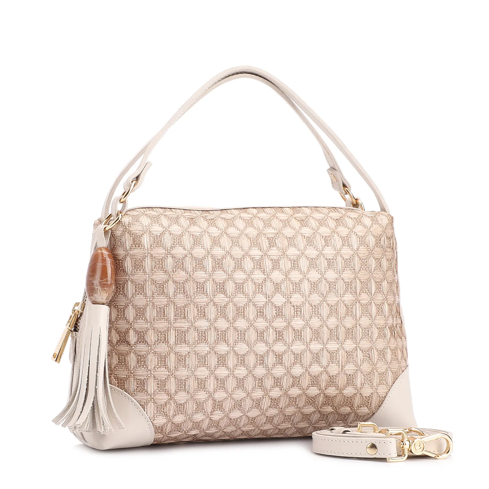 Bolsa De Mão Ráfia Mosaico Off White