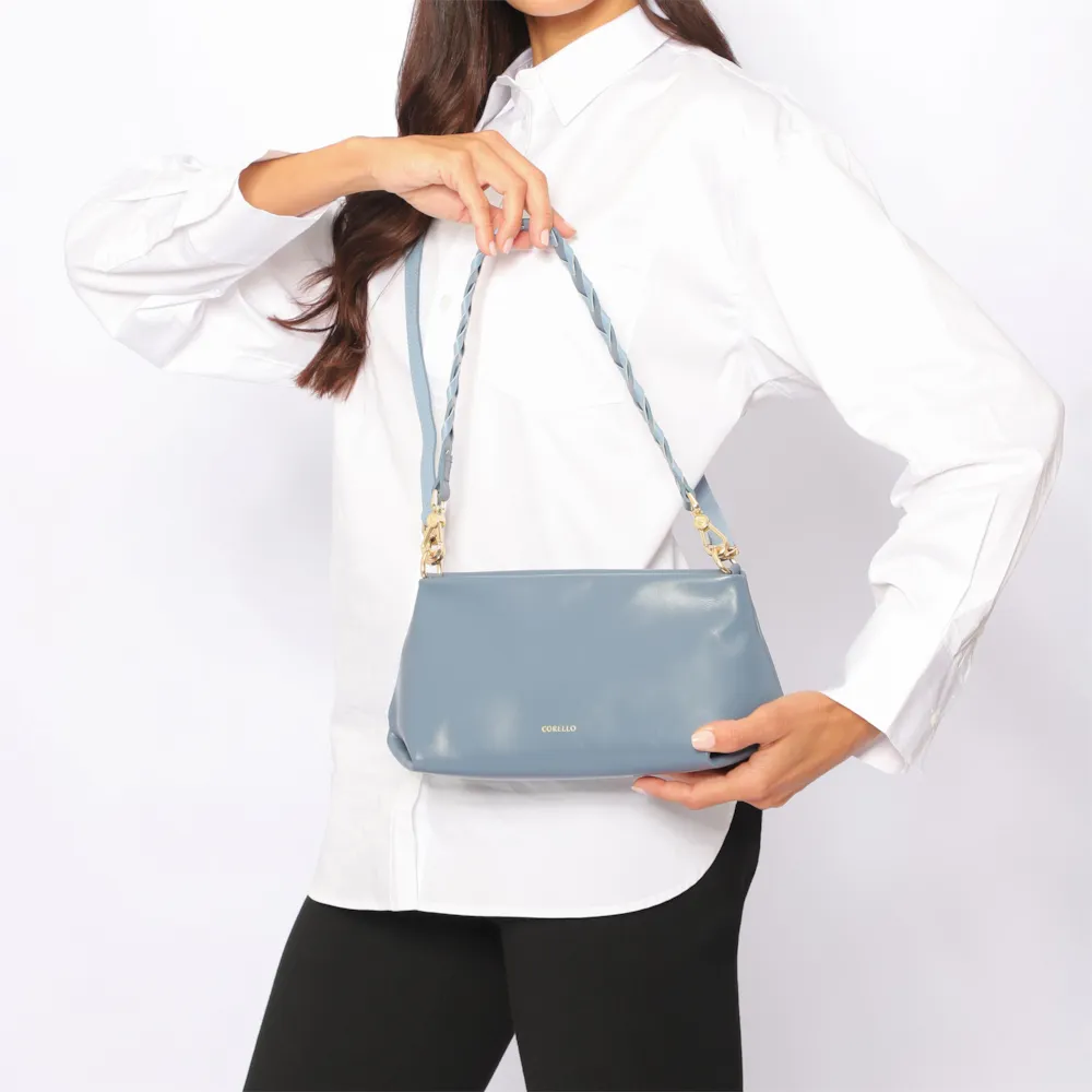 Bolsa De Ombro Alça Trançada Bicolor Couro Azul - imagem 2