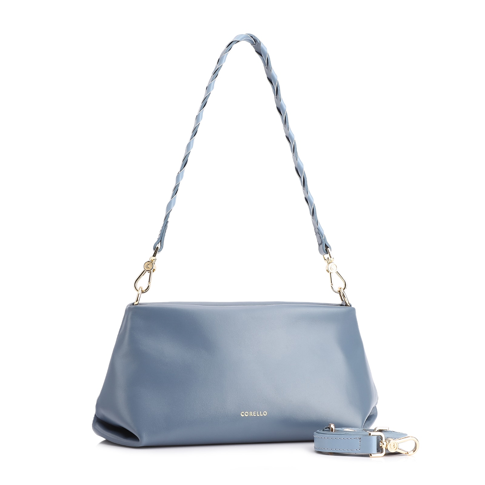 Bolsa De Ombro Alça Trançada Bicolor Couro Azul