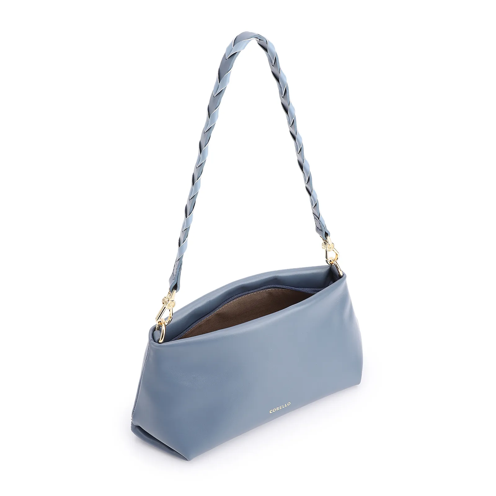 Bolsa De Ombro Alça Trançada Bicolor Couro Azul