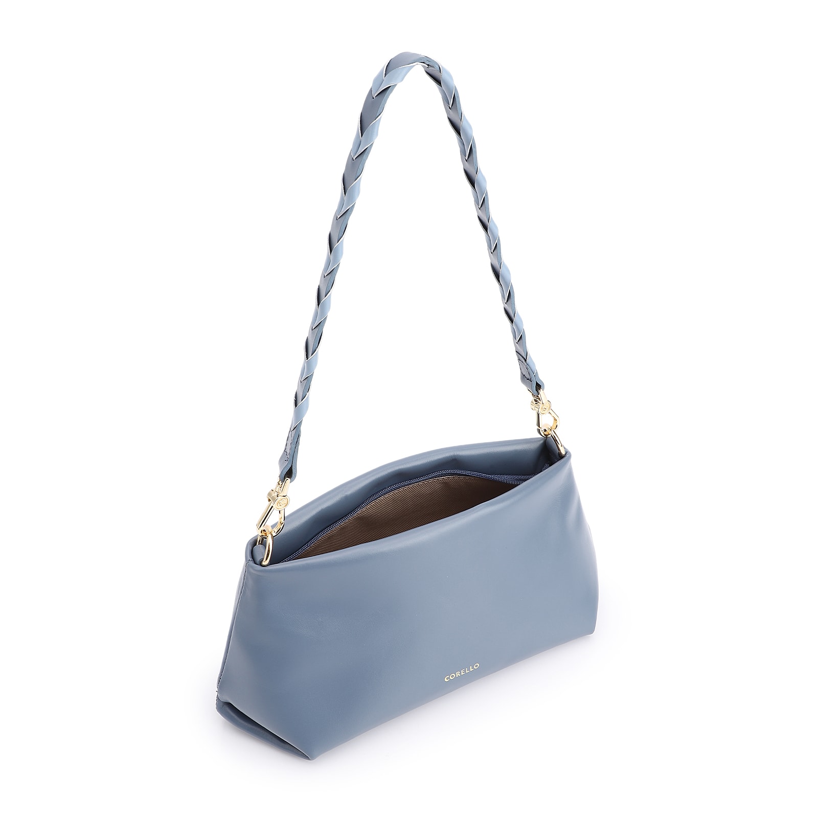 Bolsa De Ombro Alça Trançada Bicolor Couro Azul