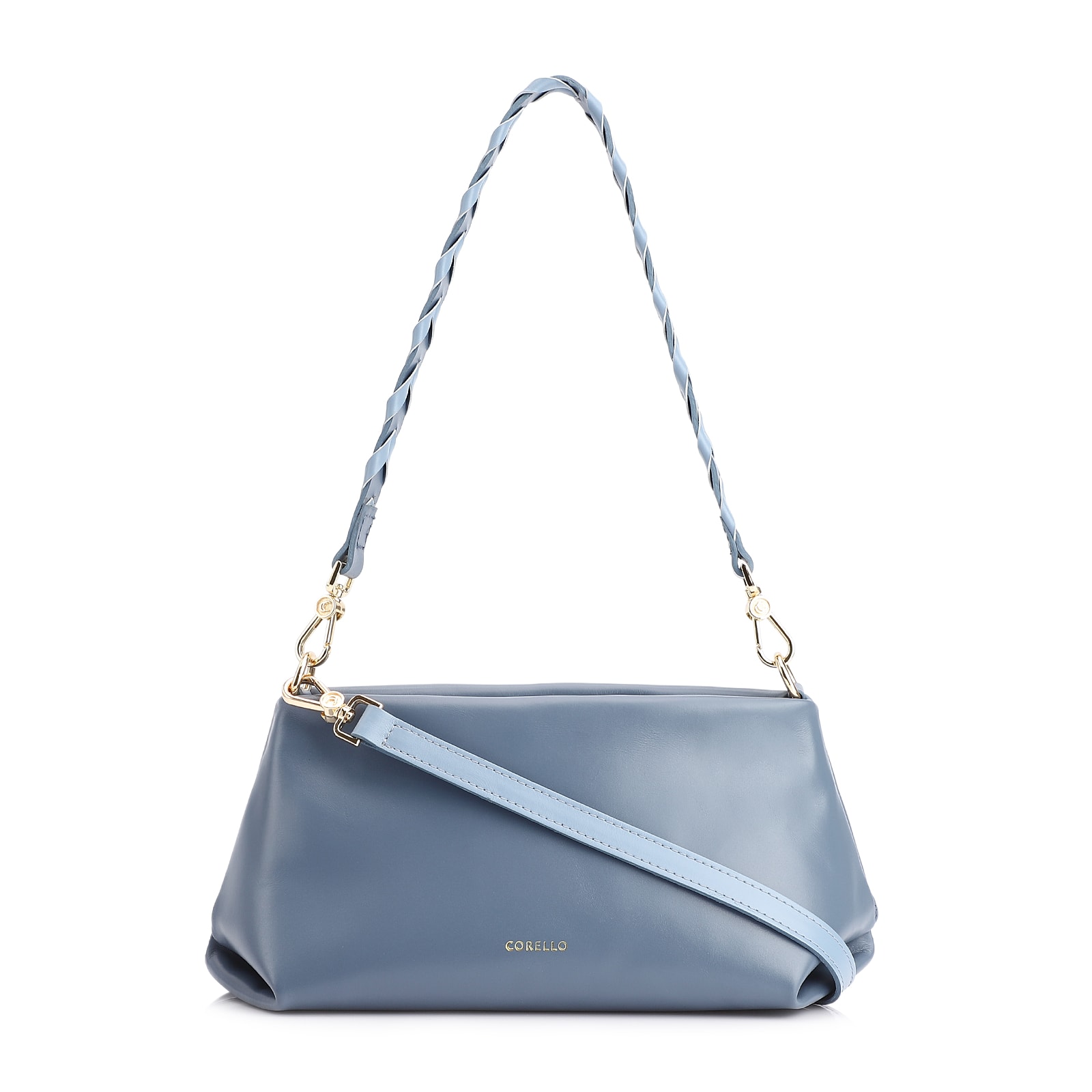 Bolsa De Ombro Alça Trançada Bicolor Couro Azul