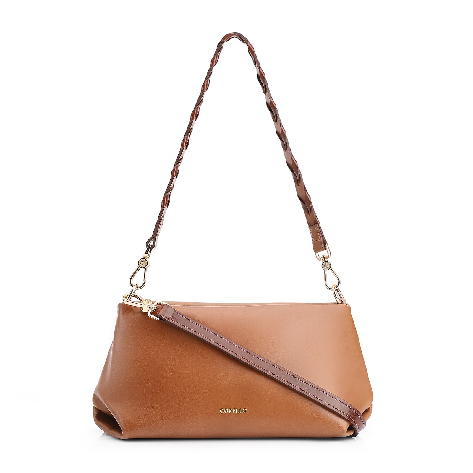 Bolsa De Ombro Alça Trançada Bicolor Couro Marrom