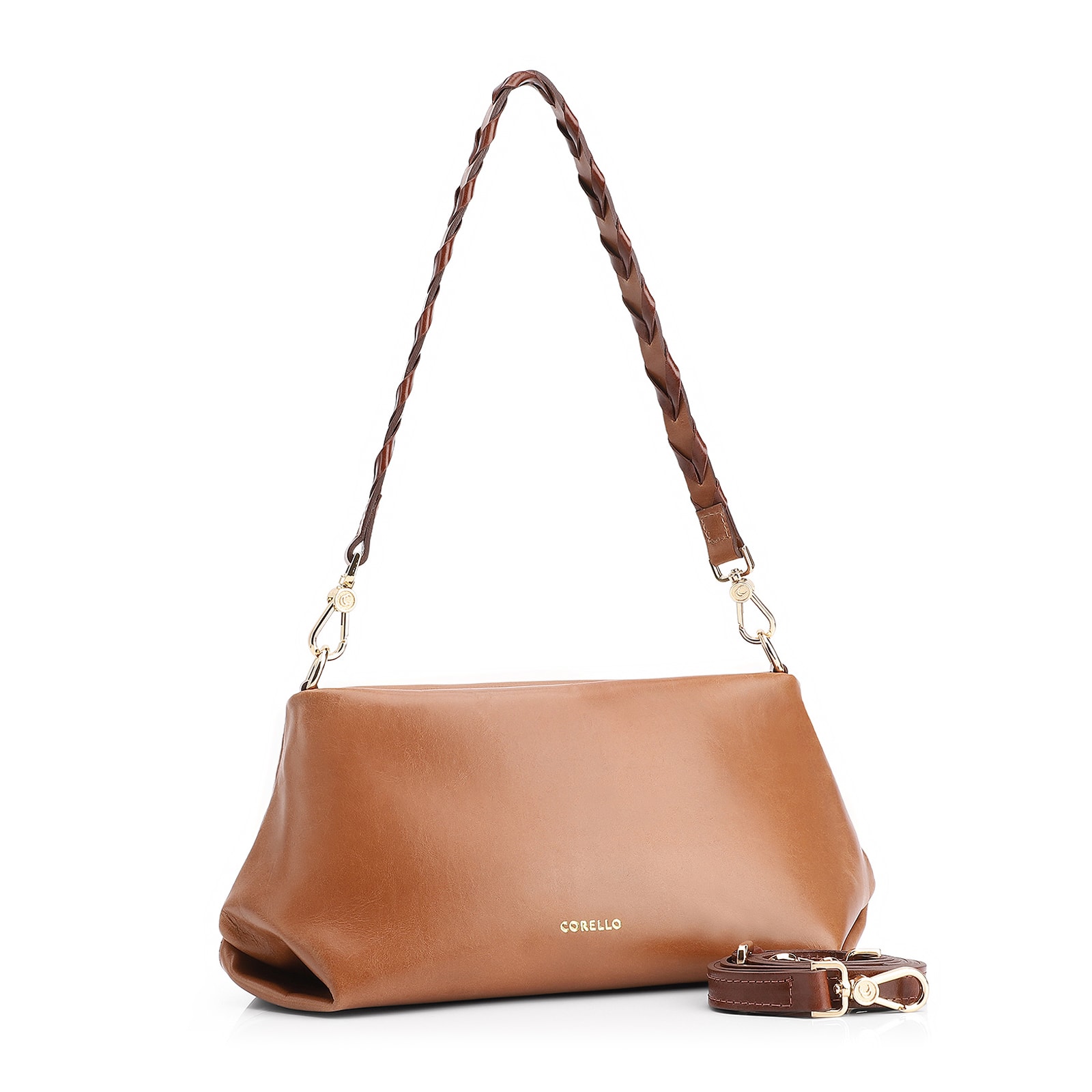 Bolsa De Ombro Alça Trançada Bicolor Couro Marrom