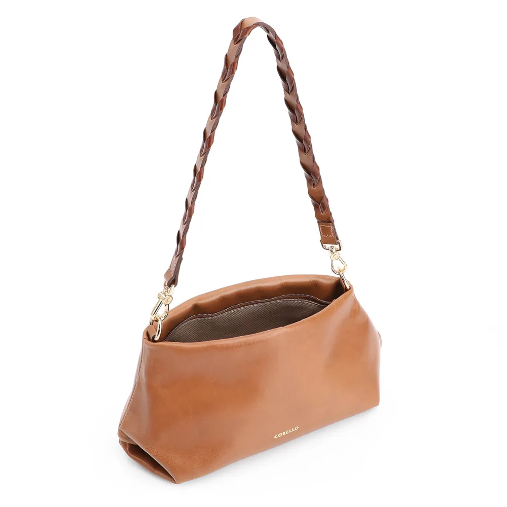 Bolsa De Ombro Alça Trançada Bicolor Couro Marrom - imagem 5
