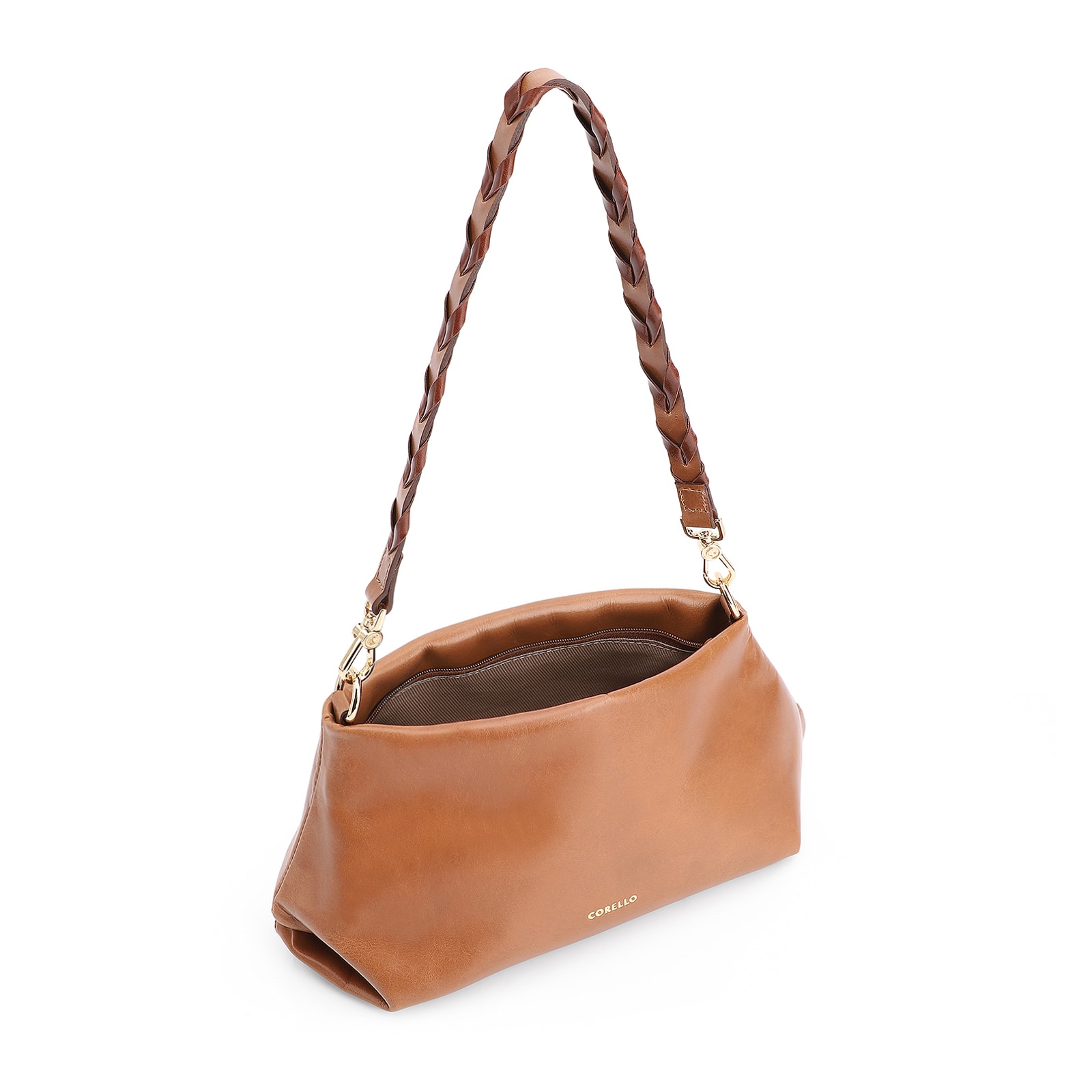 Bolsa De Ombro Alça Trançada Bicolor Couro Marrom