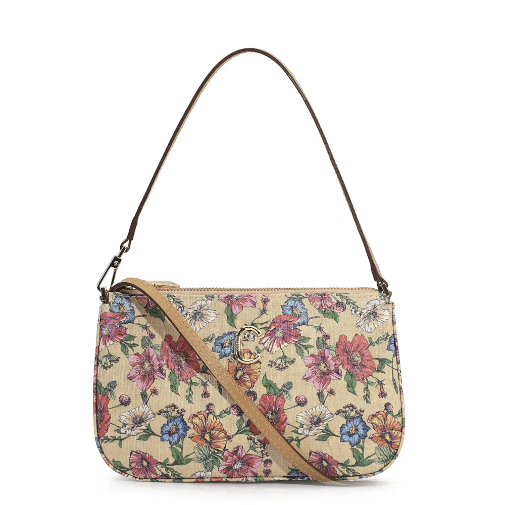 Bolsa De Ombro Alt Floral/Couro Bege