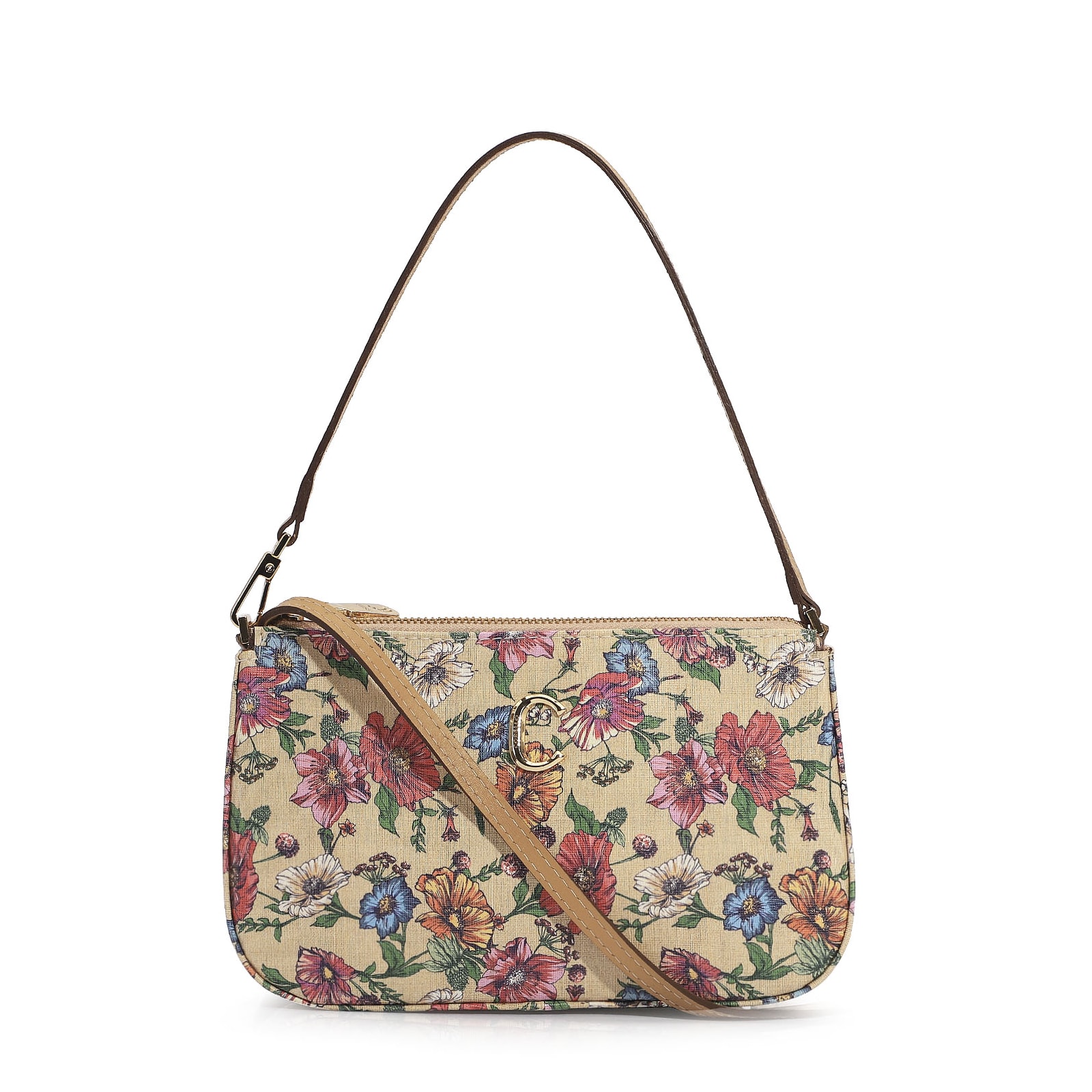 Bolsa De Ombro Alt Floral/Couro Bege