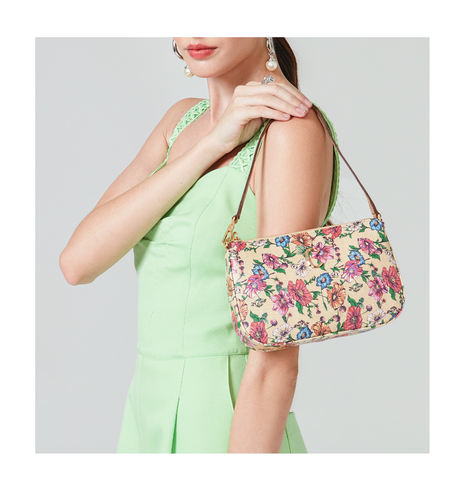 Bolsa De Ombro Alt Floral/Couro Bege