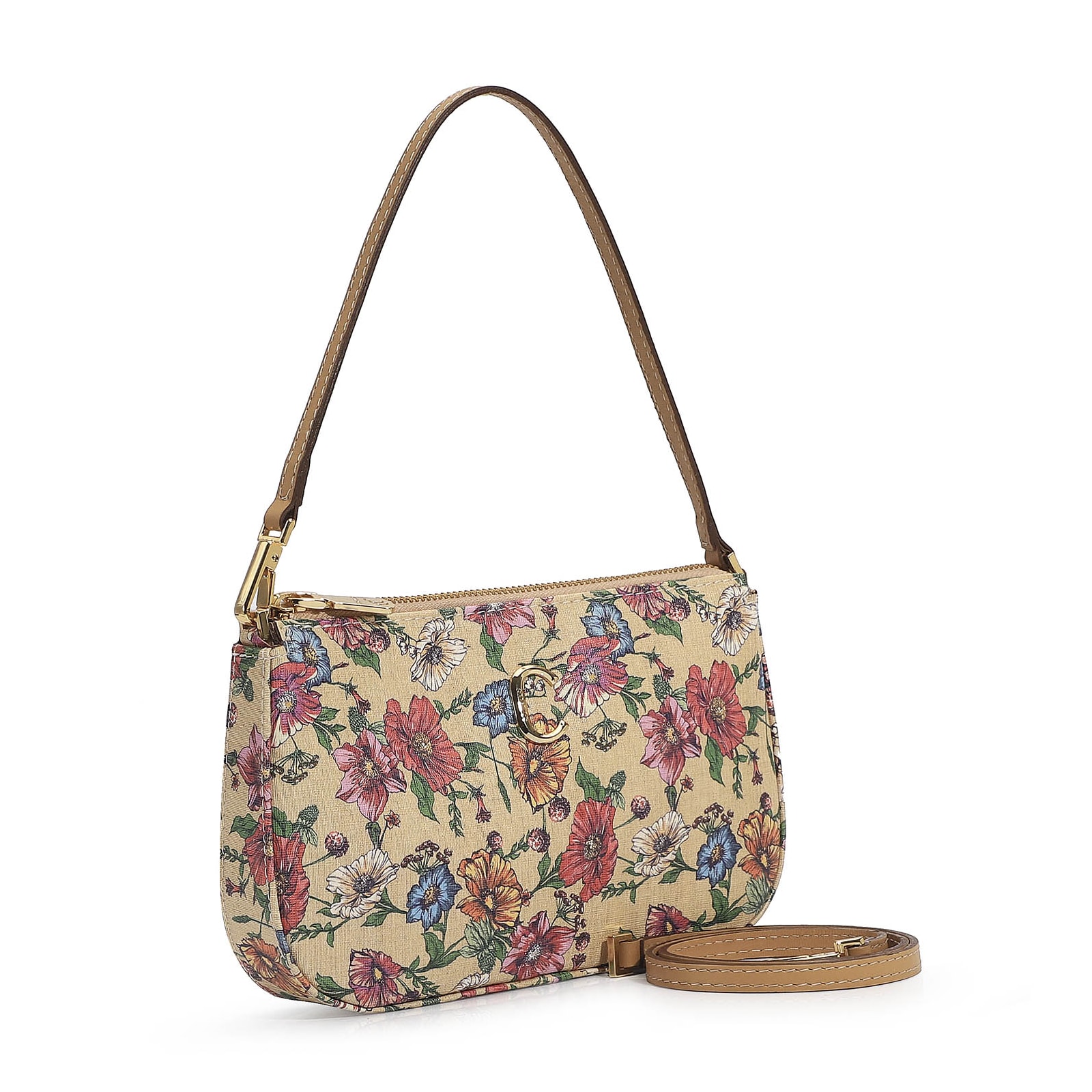 Bolsa De Ombro Alt Floral/Couro Bege