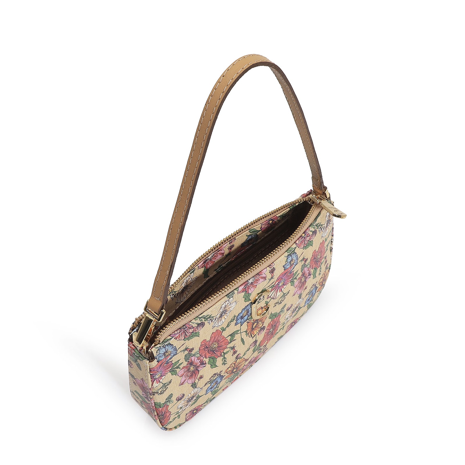 Bolsa De Ombro Alt Floral/Couro Bege