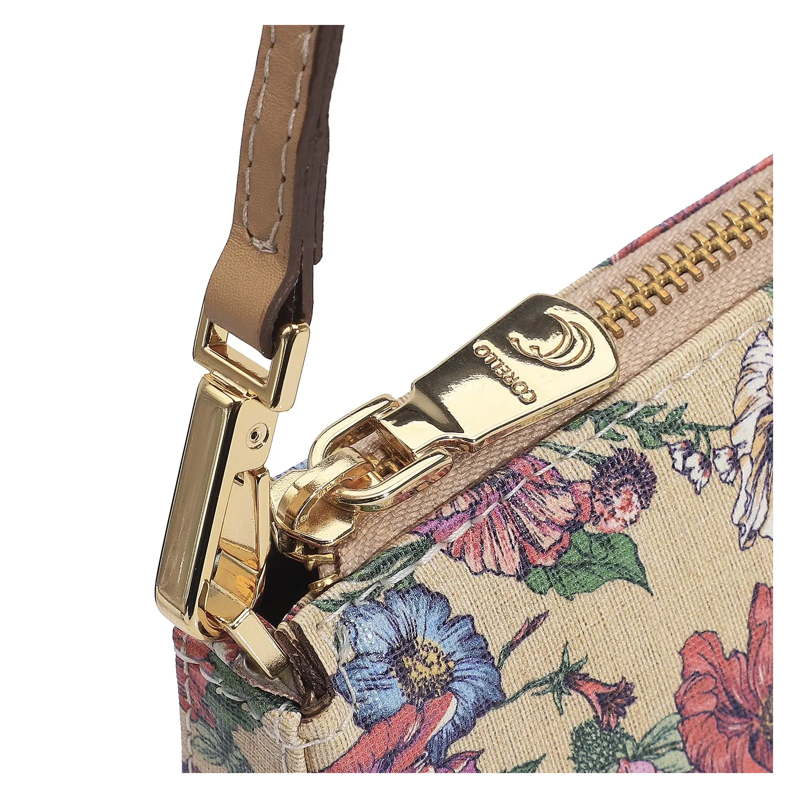 Bolsa De Ombro Alt Floral/Couro Bege