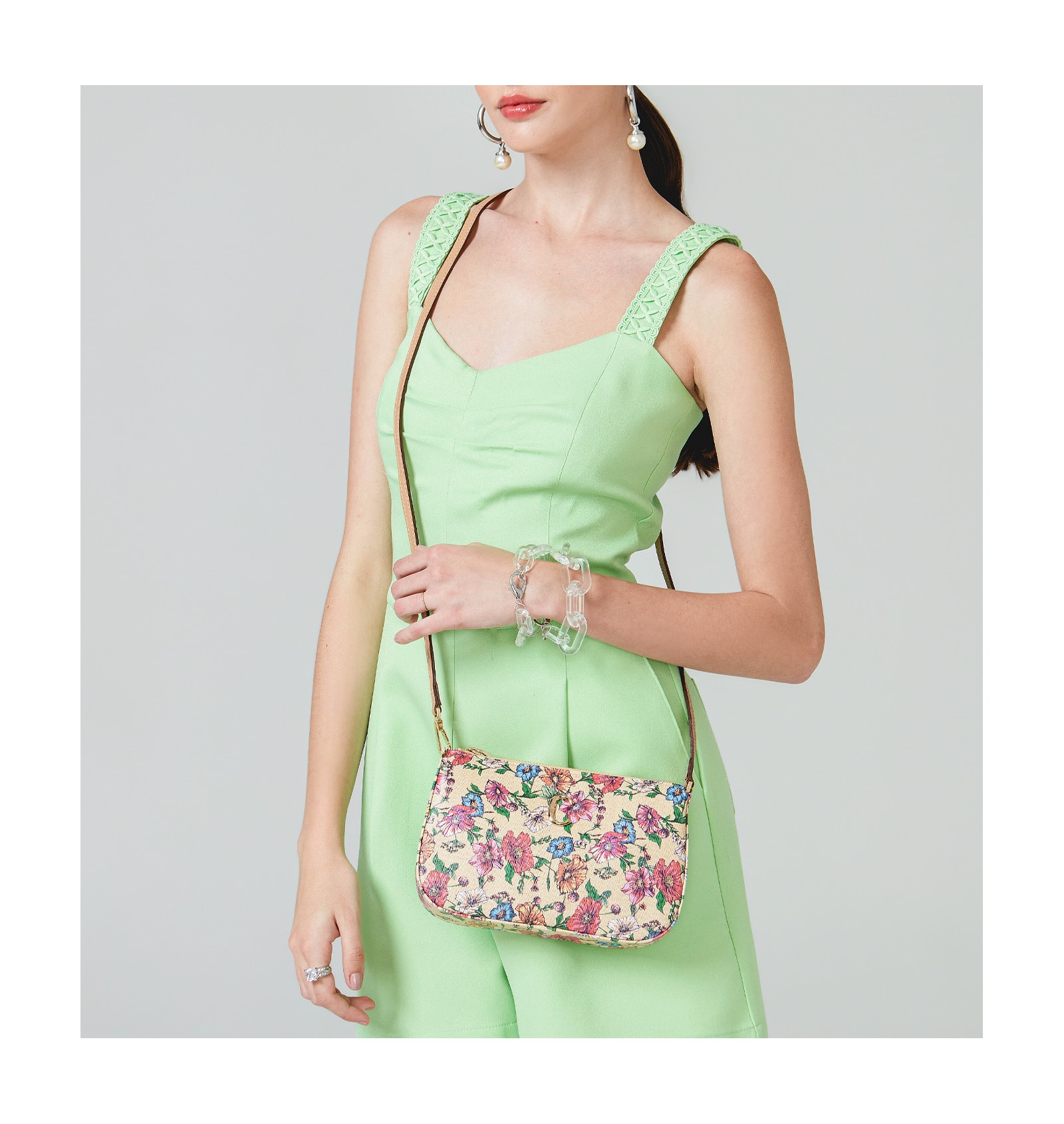 Bolsa De Ombro Alt Floral/Couro Bege