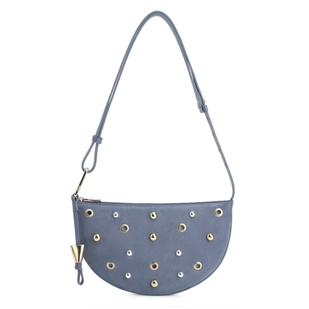Bolsa De Ombro Aplicações Couro Camurça/Couro Azul