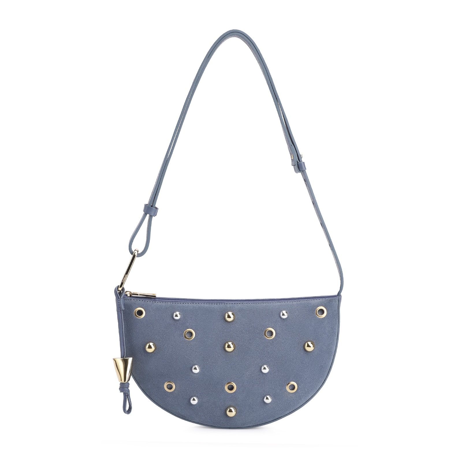 Bolsa De Ombro Aplicações Couro Camurça/Couro Azul
