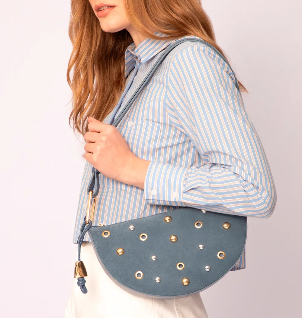 Bolsa De Ombro Aplicações Couro Camurça/Couro Azul - imagem 2