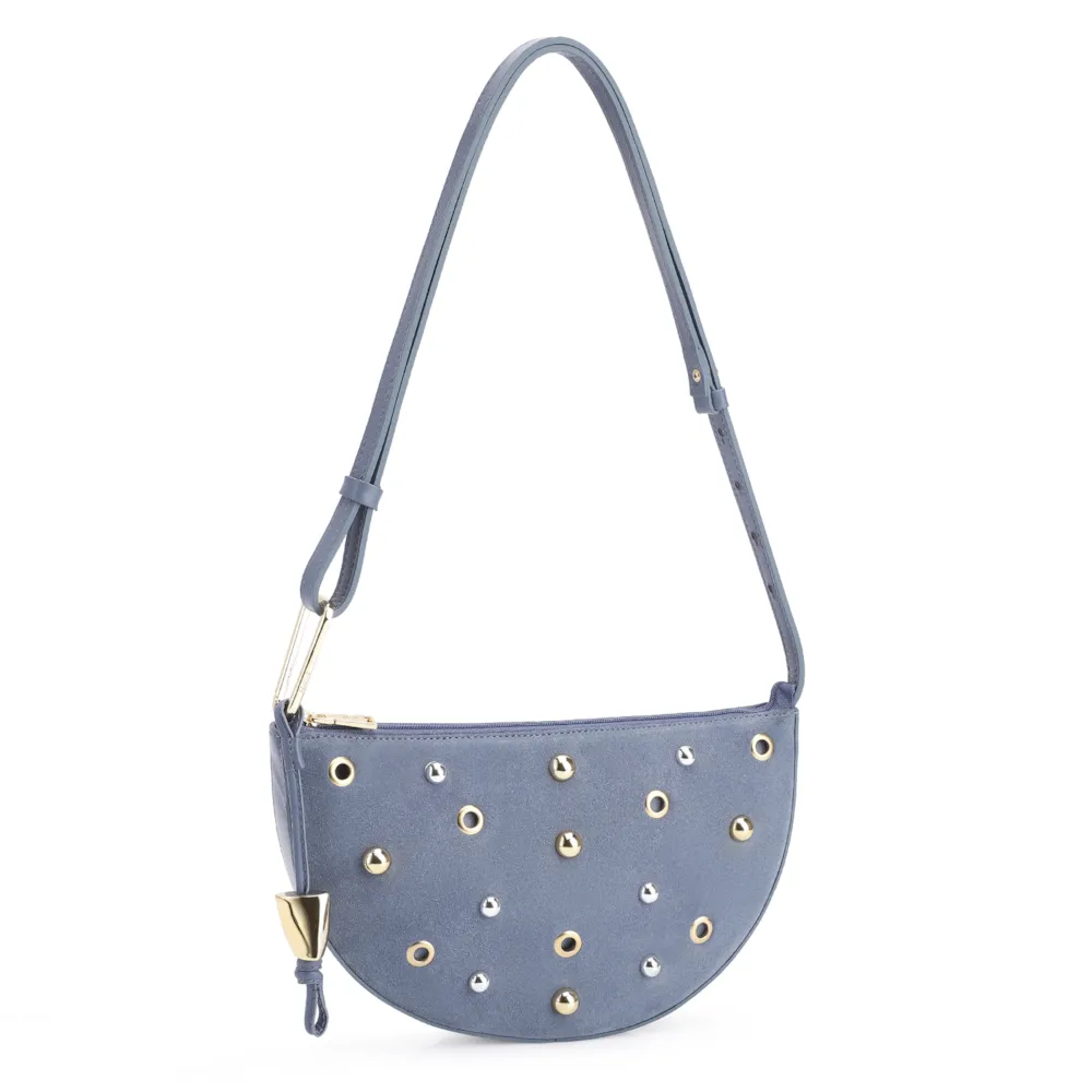 Bolsa De Ombro Aplicações Couro Camurça/Couro Azul - imagem 3